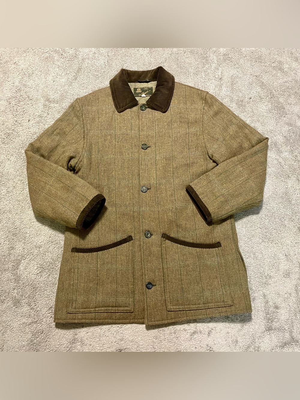 Vintage P&J Haggart Aberfeldy Scotland Wool Tweed Coat Corduroy Trim Womens L 38